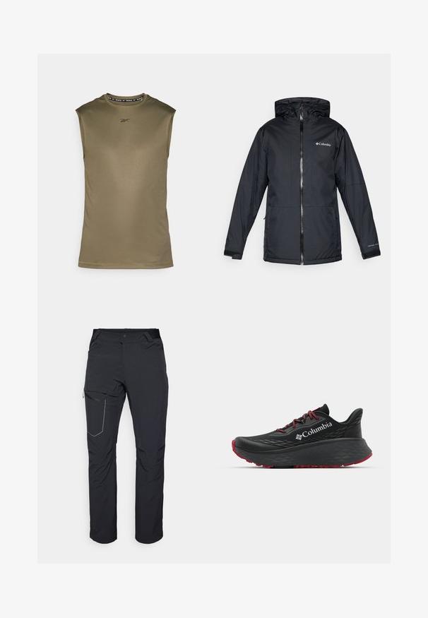 Giacca a vento nera Columbia impermeabile con cerniera anteriore, polsini regolabili e logo sul petto e sulla manica.; Top atletico senza maniche di colore verde oliva, realizzato in tessuto liscio e leggero. Presenta un logo Reebok nero e un collo rotondo.; Pantaloni neri da esterno con tasca a zip sulla coscia, cintura elastica e tessuto liscio, resistente all'acqua. Design pulito senza loghi visibili.; Scarpa sportiva nera con tomaia testurizzata, lacci rossi e logo. Suola spessa con battistrada a righe per una buona aderenza. Design minimalista, vista laterale.
