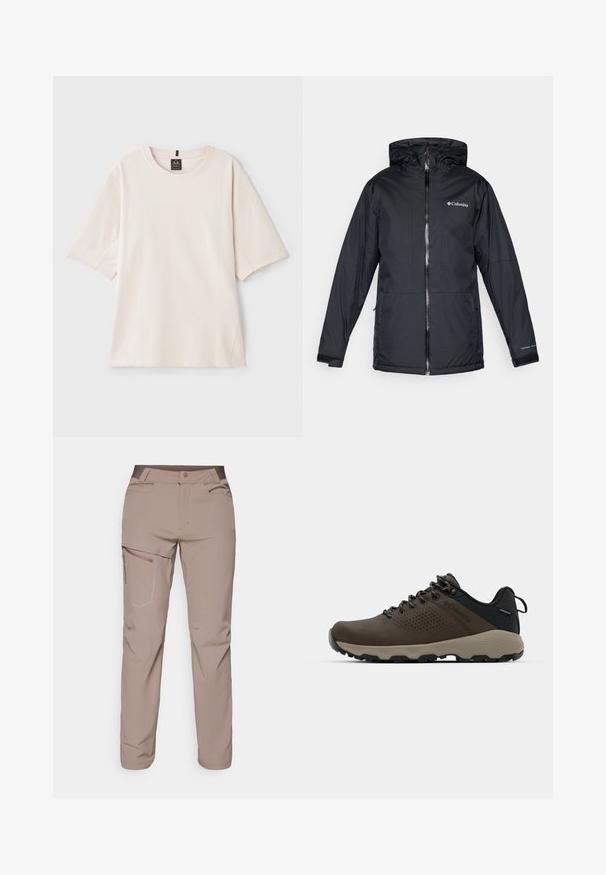 Schwarze Columbia wasserdichte Jacke mit Kapuze, Frontreißverschluss, verstellbaren Bündchen und Logo auf der Brust und dem Ärmel.; Helles beiges T-Shirt aus weicher Baumwolle. Es hat einen Rundhalsausschnitt, kurze Ärmel und eine lockere Passform mit Seitennähten.; Salomon WAYFARER PANTS - Outdoor-Hose - iron; Braune wasserdichte Sneakers mit einer strukturierten Oberseite, perforierten Akzenten, schwarzem Fersenschutz und einer grauen Gummisohle. Die Schnürsenkel sind mit metallischen Enden gestaltet.