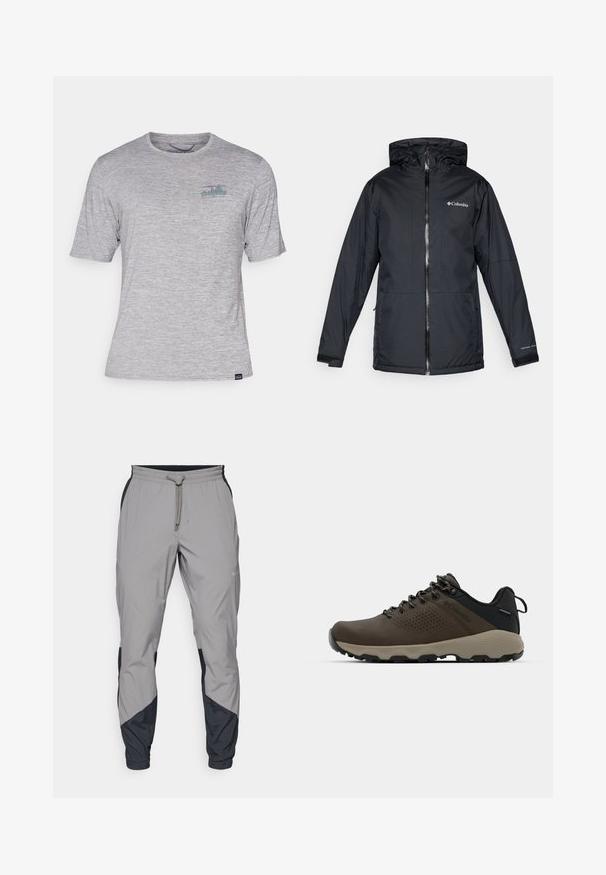 Svart Columbia vanntett hettejakke med frontglidelås, justerbare mansjetter og logo på brystet og ermet.; Grå t-skjorte med korte ermer laget av myk, lett stoff. Har en liten, flerfarget logo på øvre venstre bryst.; Lettvektige, grå treningsbukser med svarte detaljer. Elastisk midjebånd, snøring, tapered benedesign og sidelommer.; Brune vanntette joggesko med teksturert overdel, perforerte detaljer, svart hæl støtte og en grå gummisåle. Snøring er stilisert med metalliske ender.