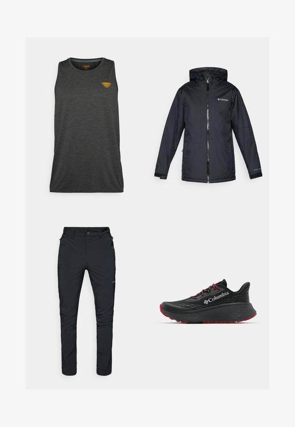 Črna Columbia vodoodporna jakna s kapuco, sprednjim zadrgo, nastavljivimi manšetami ter logotipom na prsih in rokavu.; Temno siva brezrokavna športna majica, izdelana iz teksturiranega materiala. Ima majhen rumen logotip na zgornjem levem predelu prsnega koša.; Črne zunanje hlače s ravnim krojem, opremljene z žepi na zadrgo, zankami za pas in lahkotno, trpežno teksturo tkanine.; Črne atletske čevlje s teksturiranim zgornjim delom, rdečimi vezalkami in logotipom. Debel podplat s patternom za boljši oprijem. Minimalistična zasnova, stranski pogled.