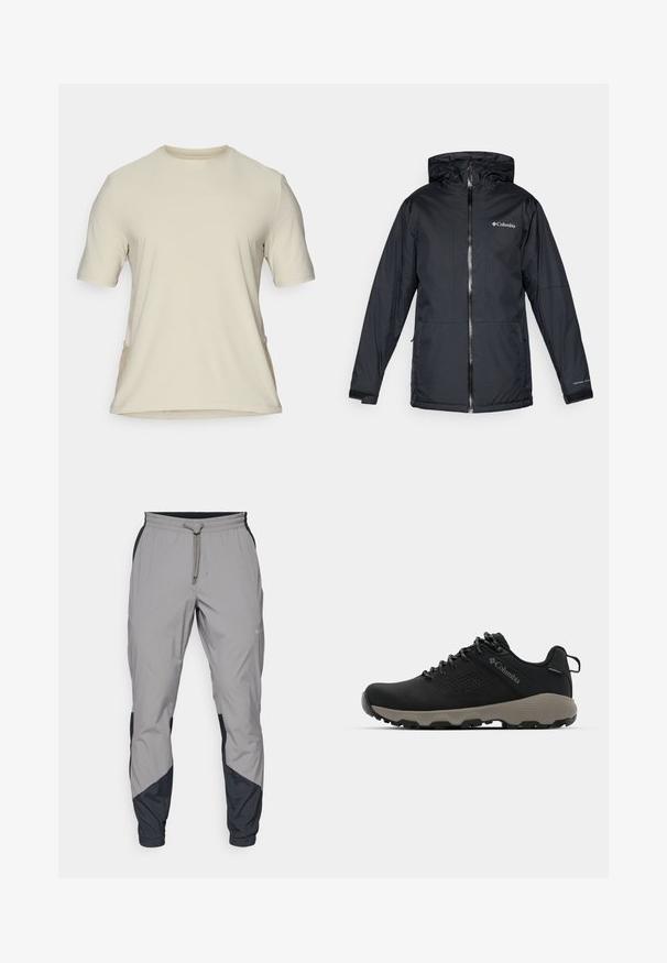 Melnā Columbia ūdensnecaurlaidīgā jaka ar kapuci, priekšējo rāvējslēdzēju, regulējamiem aprocēm un logo uz krūtīm un piedurknēm.; Beidz, īsām piedurknēm T-krekls ar apaļu kakla izgriezumu. Gluda auduma ar sānu šuvēm un nedaudz izliekta apakšmalu. Nav redzamu logo vai rakstu.; Viegls, pelēks sporta bikses ar melniem akcentiem. Elastīga josta, ar auklu aizdare, sašaurināts kāju dizains un sānu kabatas.; Melnas pārgājienu kurpes ar gludu virsu, perforētu dizainu, pelēku zoli un nostiprinātu papēdi. Iekļauj auklas un cilpu vieglai uzvilkšanai.