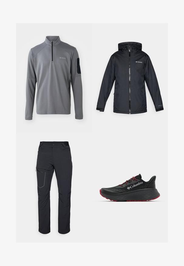 Juodas Columbia vandeniui atsparus jaqueta su kapišonu, priekyje su užtrauktuku, reguliuojamais rankogaliais ir logotipu ant krūtinės bei rankovės.; Pilkas ilgomis rankovėmis megztinis su ketvirčio užtrauktuku, su tekstūriniu paviršiumi ir juodu audinio skydu ant kairės rankovės su užtrauktuku.; Juodos lauko kelnės su užtrauktuku šlaunies kišenėje, elastinga juosmeniu ir lygiu, vandens nepraleidžiančiu audiniu. Tinkama dizaino forma be matomų logotipų.; Juodas sportinis batelis su tekstūruota viršutine dalimi, raudonais raišteliais ir logotipu. Storas padas su raštuotu protektoriu traukai. Minimalistinis dizainas, šoninis vaizdas.