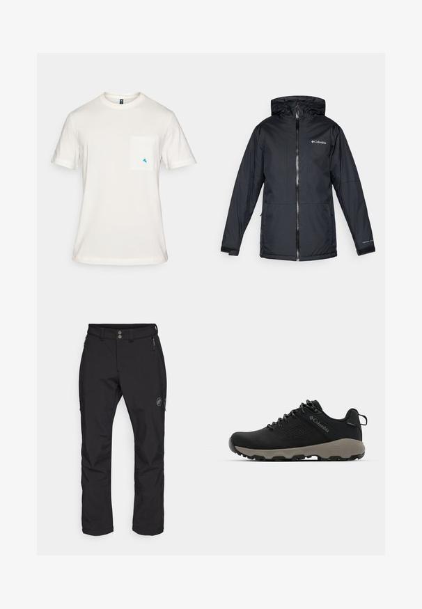 Juodas Columbia vandeniui atsparus jaqueta su kapišonu, priekyje su užtrauktuku, reguliuojamais rankogaliais ir logotipu ant krūtinės bei rankovės.; Balta medvilnė marškinėliai trumpomis rankovėmis, apvaliu kaklu ir kišenėle kairėje krūtinės pusėje, su mažuoju mėlynu trikampiu logotipu.; Juodos lauko kelnes su tiesiu kirpimu, pagamintas iš patvarios medžiagos. Yra dvi priekinės kišenės su užtrauktukais ir logotipas ant šlaunies.; Juodas žygio batukas su lygiu viršumi, perforuotu dizainu, pilku padu ir sustiprintu kulnu. Yra raišteliai ir kilputė, skirta patogiam užsivilkimui.