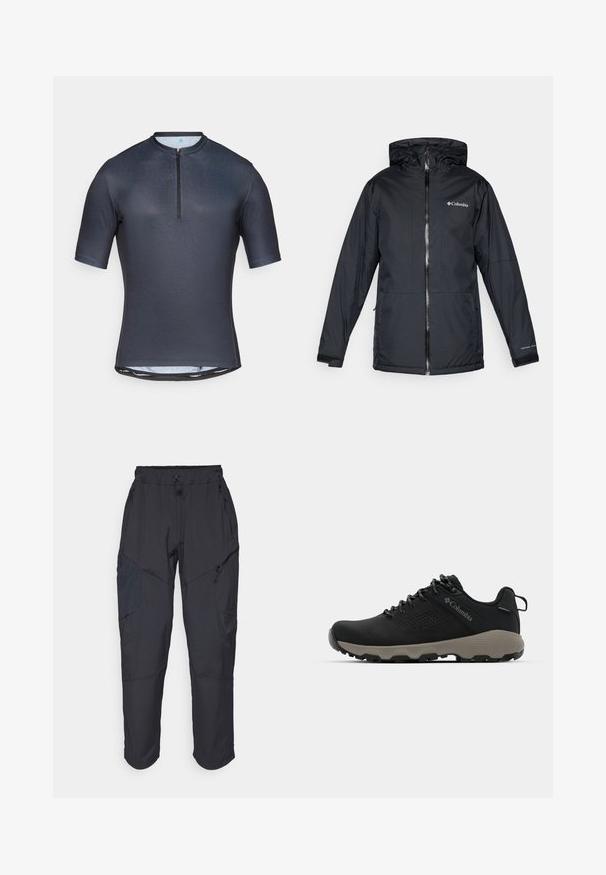 Juodas Columbia vandeniui atsparus jaqueta su kapišonu, priekyje su užtrauktuku, reguliuojamais rankogaliais ir logotipu ant krūtinės bei rankovės.; Trumpas rankovėmis dviratininko džersis tamsiai mėlynos spalvos, su pusiau užtrauktuku priekyje, lygia tekstūra ir liekna siluetu, papildytas atspindinčiais akcentais.; Juodos krovinių kelnės, pagamintos iš lengvos, vandeniui atsparios medžiagos; turi elastingą juosmenį, kelis užtrauktukais uždaromus kišenes ir siaurėjančius šonus.; Juodas žygio batukas su lygiu viršumi, perforuotu dizainu, pilku padu ir sustiprintu kulnu. Yra raišteliai ir kilputė, skirta patogiam užsivilkimui.