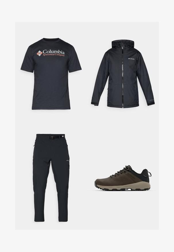 Černá voděodolná kapucová bunda Columbia s předním zipem, nastavitelnými manžetami a logem na prsou a rukávu.; Černé bavlněné tričko s krátkým rukávem a kulatým výstřihem. Na přední straně je logo "Columbia Sportswear Company" v bílé a oranžové barvě. Standardní střih.; Columbia ESSENTIAL HIKE™ PANT - Outdoorové kalhoty - black; Hnědé nepromokavé sneakers s texturovaným svrškem, perforovanými detaily, černým oporou paty a šedou gumovou podrážkou. Šňůrky mají kovové konce.