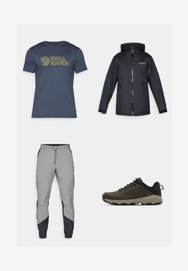 Svart Columbia vattentät jacka med huva, framdragkedja, justerbara ärmslut och logotyp på bröstet och ärmen.; Kortärmad marinblå t-shirt i mjukt tyg med en stor, kontrasterande ljusbrun logotyp med en stiliserad räv och varumärkesnamn.; Lätta, grå träningsbyxor med svarta detaljer. Elastisk midja, dragsko stängning, tapered design och sidofickor.; Bruna vattentåliga sneakers med en strukturerad ovandel, perforerade detaljer, svart hälstöd och en grå gummisula. Snörningen har metalliska ändar.