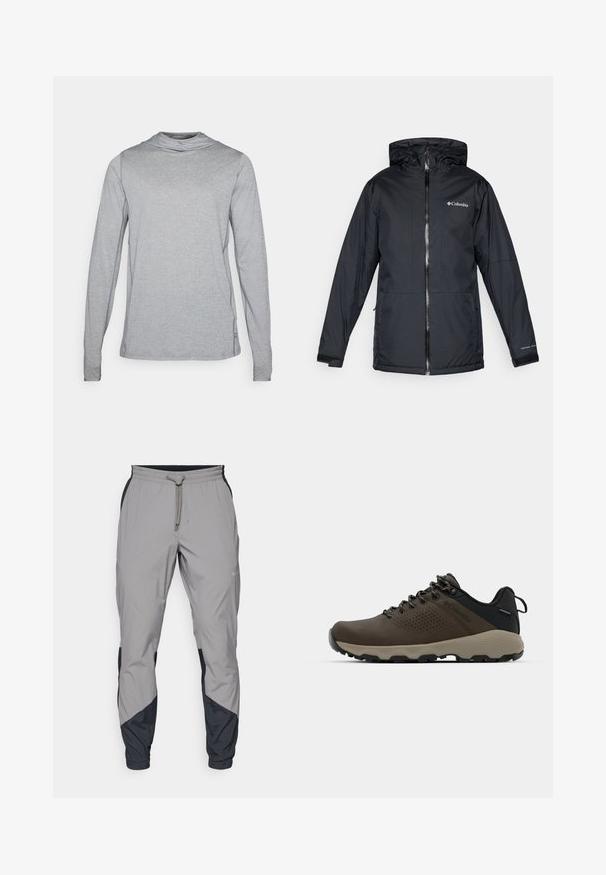 Juodas Columbia vandeniui atsparus jaqueta su kapišonu, priekyje su užtrauktuku, reguliuojamais rankogaliais ir logotipu ant krūtinės bei rankovės.; Ilgoms rankovėms skirta pilka viršutinė dalis, pagaminta iš lengvos ir minkštos medžiagos. Yra aukštas apykaklės stilius ir subtilus logotipo akcentas šone.; Lengvas, pilkos sportinės kelnės su juodais akcentais. Elastingas juosmuo, raišteliu užsegimas, siaurėjantis kojų dizainas ir šoninės kišenės.; Rudi nepralaidūs sportbačiai su tekstūruota viršutine dalimi, perforuotomis detalėmis, juodu kulno palaikymu ir pilku guminio padu. Šniūreliai yra dekoruoti metaliniais galais.