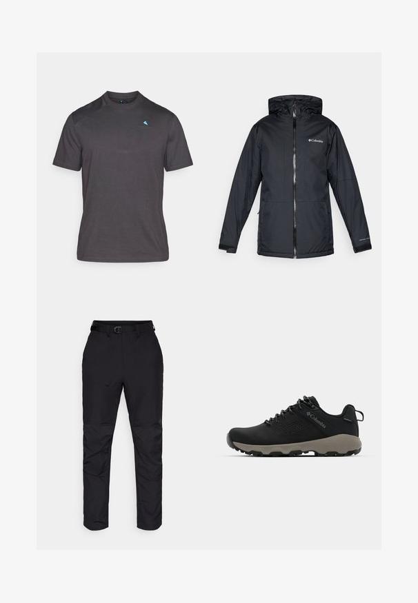 Zwarte Columbia waterdichte hoodie-jack met voorrits, verstelbare manchetten en logo op de borst en mouw.; Korte mouwen, rond de hals t-shirt in donkergrijze katoen met een gestructureerde afwerking. Bevat een klein blauw logo op de linkerborst.; Zwarte broek van duurzaam materiaal met een rechte snit. Kenmerken zijn een tailleband met een riem en textuuraccenten op de onderste benen.; Zwarte wandelschoen met een soepele bovenkant, geperforeerd ontwerp, grijze buitenzool en versterkte hiel. Voorzien van veters en een trekriem voor gemakkelijk aan- en uittrekken.