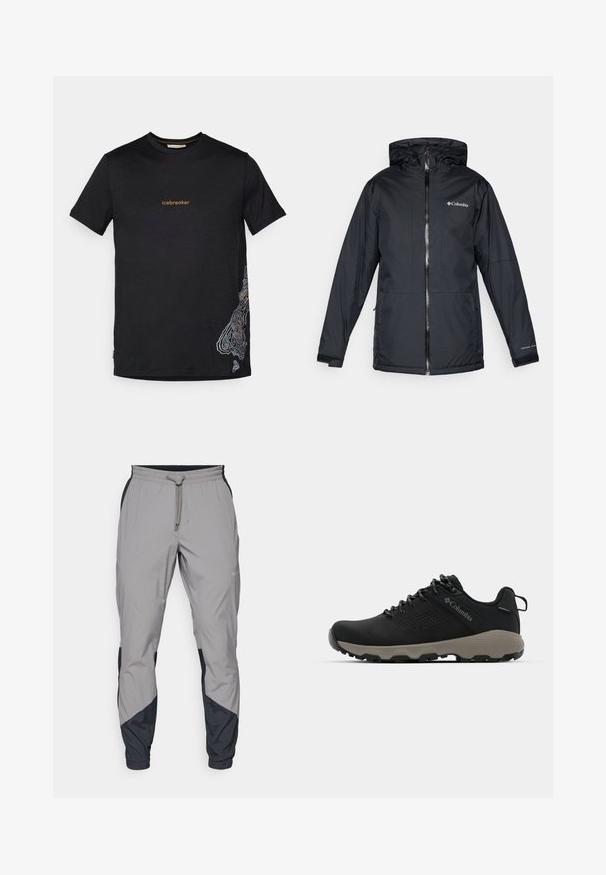 Μαύρο αδιάβροχο jacket Columbia με κουκούλα, μπροστινό φερμουάρ, ρυθμιζόμενα μανίκια και λογότυπο στο στήθος και στο μανίκι.; Μαύρο κοντομάνικο μπλουζάκι με κείμενο "icebreaker" σε πορτοκαλί στο στήθος και λευκό σχέδιο τοπογραφικού χάρτη στη κάτω δεξιά πλευρά.; Ελαφρύ γκρι αθλητικό παντελόνι με μαύρες λεπτομέρειες. Ελαστική μέση, κλείσιμο με κορδόνι, σχέδιο με στενό πόδι και πλαϊνές τσέπες.; Μαύρο ορειβατικό παπούτσι με λείο επάνω μέρος, διάτρητο σχέδιο, γκρι σόλα και ενισχυμένη φτέρνα. Διαθέτει κορδόνια και κρίκο για εύκολη φόρμα.