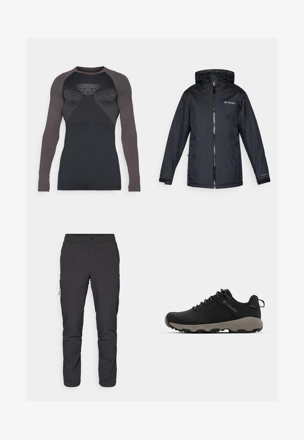 Giacca a vento nera Columbia impermeabile con cerniera anteriore, polsini regolabili e logo sul petto e sulla manica.; Maglia termica atletica a maniche lunghe in nero e grigio scuro. Presenta un motivo testurizzato sulle spalle e sul torace, design aderente e tessuto liscio.; Pantaloni neri a sigaretta con vita elastica, tasca laterale con zip e tessuto leggero e liscio. Ideali per l'abbigliamento sportivo.; Scarpa da trekking nera con tomaia liscia, design perforato, suola grigia e tallone rinforzato. Caratterizzata da lacci e un anello per una facile calzata.