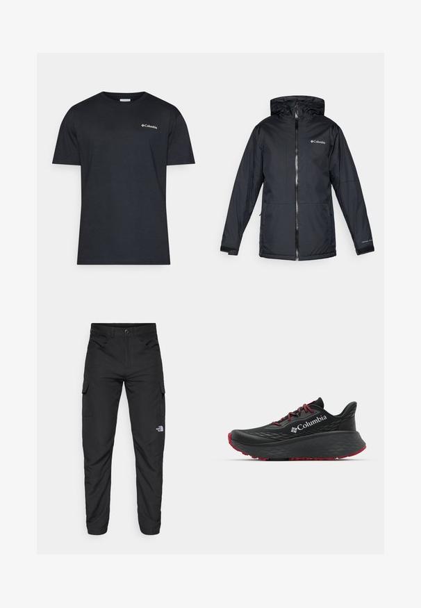 Juodas Columbia vandeniui atsparus jaqueta su kapišonu, priekyje su užtrauktuku, reguliuojamais rankogaliais ir logotipu ant krūtinės bei rankovės.; Columbia NORTH CASCADES™ SHORT SLEEVE TEE - Marškinėliai su spaudiniu - black; The North Face HORIZON PANT - Lauko kelnės - black; Juodas sportinis batelis su tekstūruota viršutine dalimi, raudonais raišteliais ir logotipu. Storas padas su raštuotu protektoriu traukai. Minimalistinis dizainas, šoninis vaizdas.