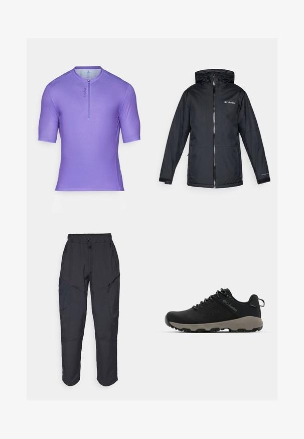 Svart Columbia vanntett hettejakke med frontglidelås, justerbare mansjetter og logo på brystet og ermet.; Kortsleeve lilla trøye med mock neck, front half-zip, glatt stoff og subtil logo detalj på venstre side.; Sorte cargo bukser laget av et lett, vannavvisende materiale; har elastisk midje, flere glidelåslommer og smale ben.; Svart tursko med glatt overdel, perforert design, grå såle og forsterket hæl. Har snøringer og en pull-tab for enkel påkledning.