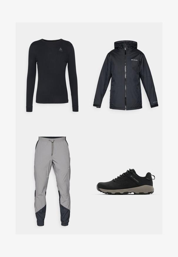 Crna vodootporna jakna s kapuljačom Columbia sa prednjim zatvaračem, podesivim manžetama i logotipom na prsima i rukavu.; Crna košulja dugih rukava od glatkog materijala s okruglim izrezom, s malim sivim logotipom na gornjem lijevom dijelu prsnog koša.; Lagane, sive atletske hlače s crnim akcentima. Elastični pojas, zatvaranje na vezicu, dizajn suženih nogavica i bočne džepove.; Crne planinarske cipele s glatkim gornjim dijelom, perforiranim dizajnom, sivoj potplati i ojačanim petom. Sadrže vezice i petlju za lakše oblačenje.
