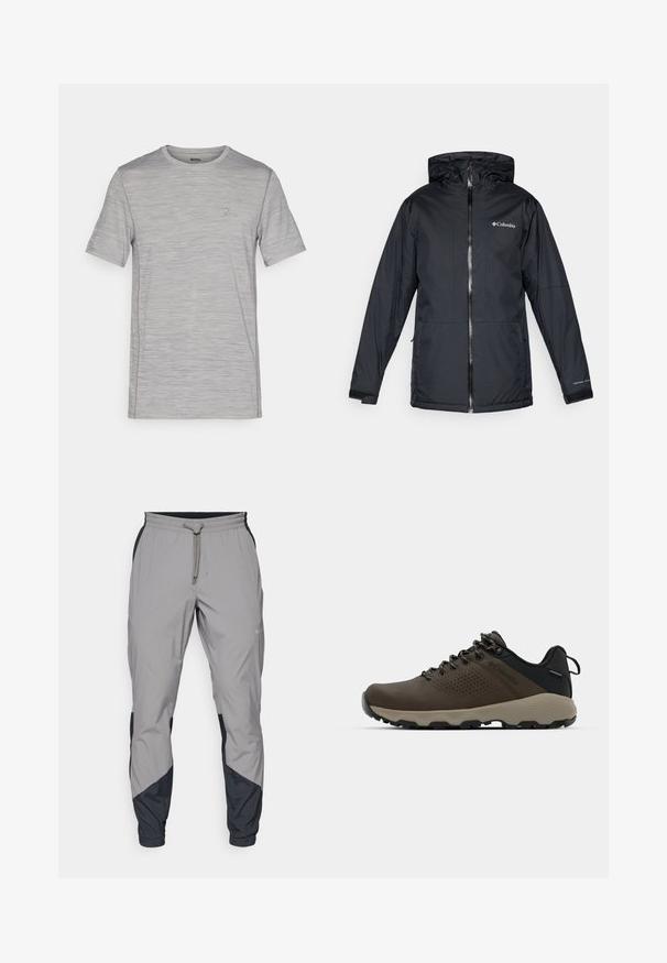 Chaqueta con capucha impermeable negra de Columbia con cremallera frontal, puños ajustables y logo en el pecho y la manga.; Camiseta de manga corta gris jaspeada con cuello redondo, tela texturizada y un pequeño logotipo en el pecho. Diseño ligero.; Pantalones deportivos ligeros y grises con acentos negros. Cintura elástica, cierre con cordón, diseño de pierna ajustada y bolsillos laterales.; Zapatillas impermeables marrones con parte superior texturizada, acentos perforados, soporte para el talón negro y suela de goma gris. Los cordones tienen extremos metálicos.