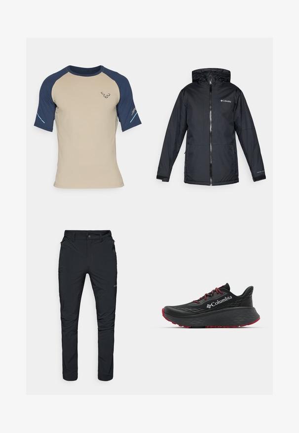 Svart Columbia vanntett hettejakke med frontglidelås, justerbare mansjetter og logo på brystet og ermet.; Dynafit ALPINE PRO TEE - T-skjorte til trening - rock khaki; Sorte utendørs bukser med rett passform, med glidelåslommer, beltehemper og et lett, slitesterkt tekstil.; Svart treningssko med teksturert overdel, røde snører og logo. Tykksåle med mønstrede dekk for bedre veigrep. Minimalistisk design, sidevinkel.