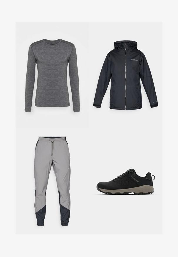 Juodas Columbia vandeniui atsparus jaqueta su kapišonu, priekyje su užtrauktuku, reguliuojamais rankogaliais ir logotipu ant krūtinės bei rankovės.; Pilkas ilgomis rankovėmis marškinėliai, pagaminti iš minkštos medžiagos, su apvalia iškirpte ir kontrastinga tekstūra ant pečių. Paprastas ir elegantiškas dizainas.; Lengvas, pilkos sportinės kelnės su juodais akcentais. Elastingas juosmuo, raišteliu užsegimas, siaurėjantis kojų dizainas ir šoninės kišenės.; Juodas žygio batukas su lygiu viršumi, perforuotu dizainu, pilku padu ir sustiprintu kulnu. Yra raišteliai ir kilputė, skirta patogiam užsivilkimui.