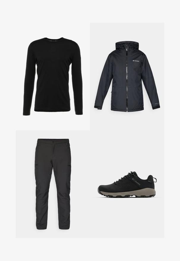 Μαύρο αδιάβροχο jacket Columbia με κουκούλα, μπροστινό φερμουάρ, ρυθμιζόμενα μανίκια και λογότυπο στο στήθος και στο μανίκι.; Μαύρο μακρυμάνικο μπλουζάκι από μαλακό ύφασμα, με στρογγυλή λαιμόκοψη, απλό σχέδιο και ίσια κόψιμο χωρίς ορατά μοτίβα ή διακοσμήσεις.; Μαύρο, ελαφρύ παντελόνι εξωτερικού χώρου με στενή γραμμή, που διαθέτει φερμουάρ στις πλαϊνές τσέπες και λεία, υφασμάτινη υφή.; Μαύρο ορειβατικό παπούτσι με λείο επάνω μέρος, διάτρητο σχέδιο, γκρι σόλα και ενισχυμένη φτέρνα. Διαθέτει κορδόνια και κρίκο για εύκολη φόρμα.