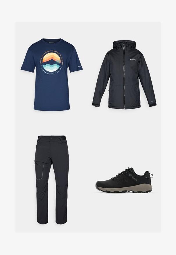 Mustan värvi Columbia veekindel kapuutsiga jakk, millel on esi tõmblukk, reguleeritavad mansetid ning logo rinnal ja varrukal.; Tumesinine puuvillane T-särk lühikeste varrukatega, millel on ümmargune graafiline kujundus oranžides, kollastes ja türkiissinistes toonides, kujutades mägesid ja laineid.; Mustad musta värvi välispüksid, millel on tõmblukuga reiepocket, elastne vöökoht ja sile, veekindel kangas. Puhas disain ilma nähtavate logodeta.; Mustad matkajalanõud musta ülemise osaga, sileda pinnaga, perforatsiooni disainiga, hallal väljal ja tugevdatud kontsaga. Omab paelu ja tõmbetaba lihtsaks selga panemiseks.