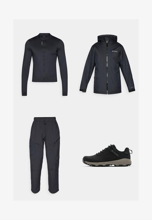 Čierna vodotesná bunda Columbia s kapucňou, predným zipperom, nastaviteľnými manžetami a logom na hrudi a rukáve.; Dlhý rukáv cyklistická dres v čiernej farbe, s vysokým golierom, plným zipsom a ľahkým, priedušným materiálom. Hladká textúra s minimálnym brandingom.; Čierne cargo nohavice vyrobené z ľahkého, vodeodolného materiálu; obsahujú elastický pás, viaceré vrecká na zips a zúžené nohavice.; Čierne turistické topánky s hladkým zvrškom, perforovaným dizajnom, šedou podrážkou a vystuženým pätou. Obsahujú šnúrky a pútko pre jednoduché obúvanie.