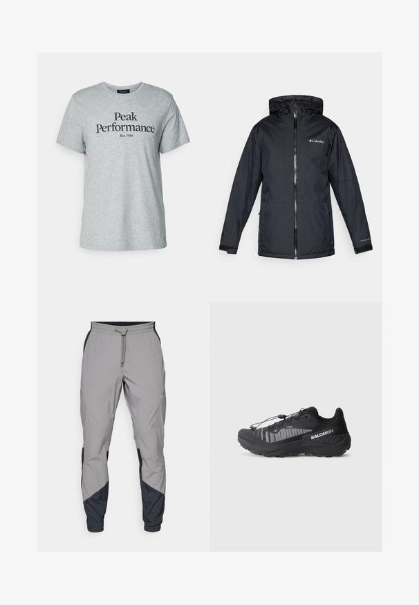 Črna Columbia vodoodporna jakna s kapuco, sprednjim zadrgo, nastavljivimi manšetami ter logotipom na prsih in rokavu.; Siva bombažna majica s kratkimi rokavi in okroglim ovratnikom, na sprednji strani pa je črn napis "Peak Performance Est. 1986".; Lahki, sivi atletski hlače z črnimi dodatki. Elastika v pasu, zategovalna vrvica, oblikovana noga in stranske žepe.; Črne trail tekaške copate z teksturirano mrežasto zgornjico, odsevni poudarki, oblazinjen podplat in elastičen sistem vezalk. Logo ob strani.