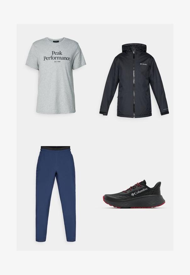 Schwarze Columbia wasserdichte Jacke mit Kapuze, Frontreißverschluss, verstellbaren Bündchen und Logo auf der Brust und dem Ärmel.; Graues Baumwoll-T-Shirt mit kurzen Ärmeln und rundem Ausschnitt, mit schwarzem Text "Peak Performance Est. 1986" auf der Vorderseite.; Marineblaue Sporthosen aus leichtem Material. Mit einem elastischen schwarzen Bund und einem schmalen Schnitt, der minimale Nähte aufweist.; Schwarzer Sportschuh mit strukturiertem Obermaterial, roten Schnürsenkeln und Logo. Dicke Sohle mit strukturiertem Profil für Traktion. Minimalistisches Design, Seitenansicht.