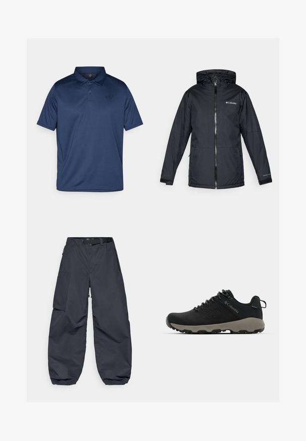 Černá voděodolná kapucová bunda Columbia s předním zipem, nastavitelnými manžetami a logem na prsou a rukávu.; Námořnická modrá polo košile vyrobená z hladkého, prodyšného materiálu. Obsahuje klasický límec, tři knoflíky a malé logo na levé části hrudi.; Tmavě šedé cargo kalhoty vyrobené z měkkého, odolného materiálu. Mají široký, volný střih, několik kapes a pásek na úpravu pasu.; Černá turistická bota s hladkým svrškem, perforovaným designem, šedou podrážkou a zesíleným patou. Obsahuje tkaničky a poutko pro snadné obutí.