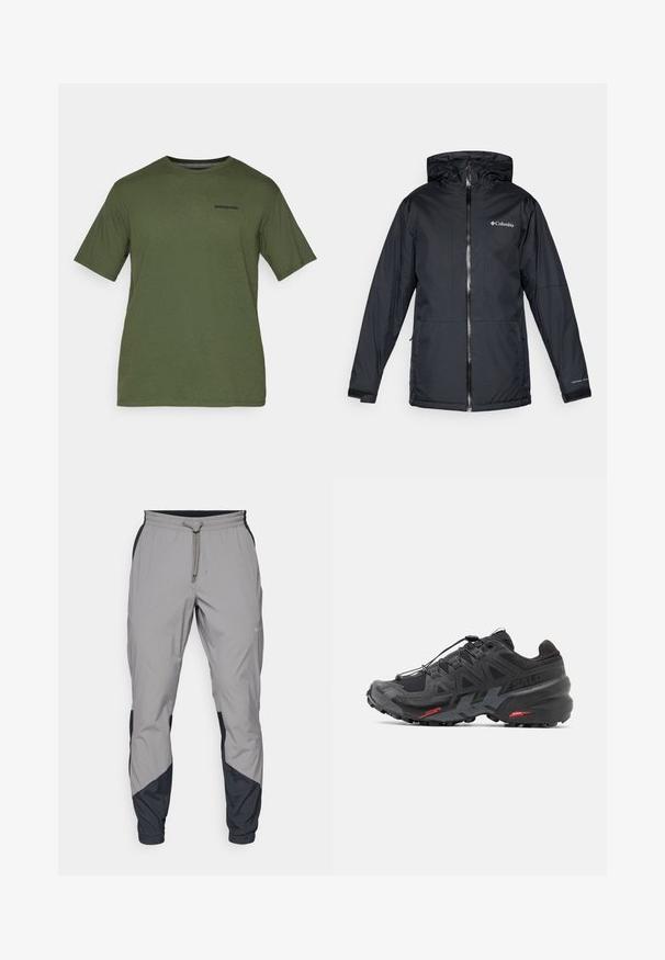 Svart Columbia vanntett hettejakke med frontglidelås, justerbare mansjetter og logo på brystet og ermet.; Patagonia LOGO - T-shirts med print - pine green; Lettvektige, grå treningsbukser med svarte detaljer. Elastisk midjebånd, snøring, tapered benedesign og sidelommer.; Svart løpesko med syntetisk overdel, teksturert design og kontrasterende røde detaljer. Har et sikkert snøresystem og robust såle.