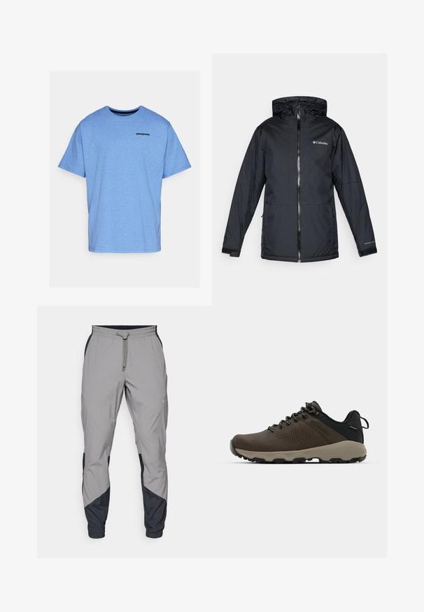 Juodas Columbia vandeniui atsparus jaqueta su kapišonu, priekyje su užtrauktuku, reguliuojamais rankogaliais ir logotipu ant krūtinės bei rankovės.; Mėlyna medvilninė marškinėliai su trumpomis rankovėmis, apvaliu kaklu ir juodu "Patagonia" logotipu viršutiniame kairiajame krūtinės kampe. Minkštas audinys, kasdinis dizainas.; Lengvas, pilkos sportinės kelnės su juodais akcentais. Elastingas juosmuo, raišteliu užsegimas, siaurėjantis kojų dizainas ir šoninės kišenės.; Rudi nepralaidūs sportbačiai su tekstūruota viršutine dalimi, perforuotomis detalėmis, juodu kulno palaikymu ir pilku guminio padu. Šniūreliai yra dekoruoti metaliniais galais.