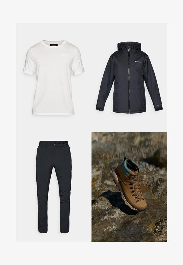 Zwarte Columbia waterdichte hoodie-jack met voorrits, verstelbare manchetten en logo op de borst en mouw.; Witte t-shirt met korte mouwen, gemaakt van zachte stof. Heeft een ronde halslijn en een subtiele merkdetail in het midden van de voorkant.; Zwarte outdoorbroek met rechte pasvorm, voorzien van ritszakken, riemlussen en een lichte, duurzame stofstructuur.; Bruine wandelschoen met een synthetisch bovenmateriaal, lichtblauwe kraag, metalen oogjes en een gestructureerde rubberen zool. Ontworpen voor buitenactiviteiten.