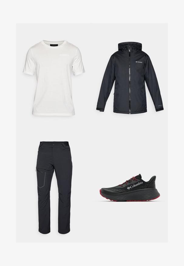 Giacca a vento nera Columbia impermeabile con cerniera anteriore, polsini regolabili e logo sul petto e sulla manica.; T-shirt bianco a maniche corte realizzato in tessuto morbido. Presenta un collo rotondo e un discreto dettaglio di branding al centro davanti.; Pantaloni neri da esterno con tasca a zip sulla coscia, cintura elastica e tessuto liscio, resistente all'acqua. Design pulito senza loghi visibili.; Scarpa sportiva nera con tomaia testurizzata, lacci rossi e logo. Suola spessa con battistrada a righe per una buona aderenza. Design minimalista, vista laterale.