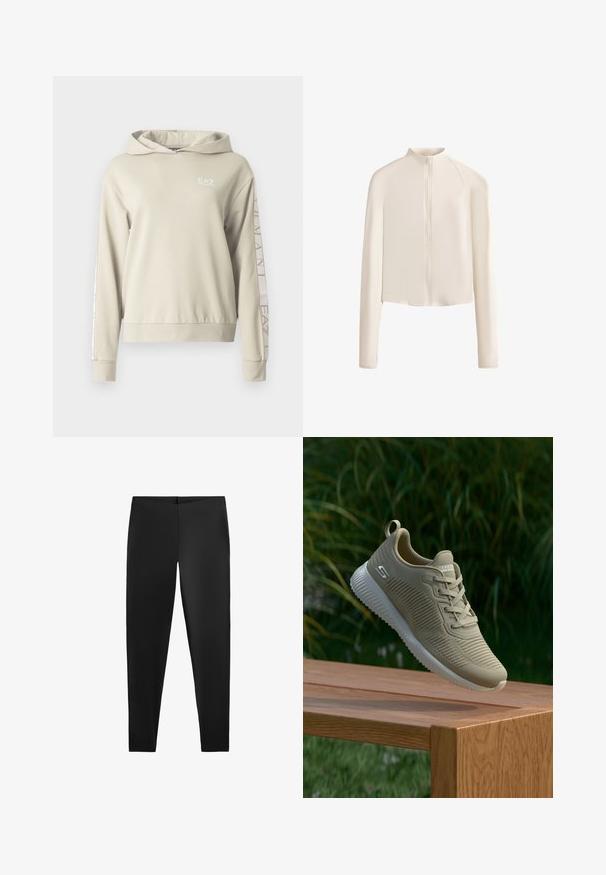 Jachetă lungă bej deschis, cu mâneci lungi și guler înalt, fermoar pe toată lungimea față, umeri fără cusături și textură de stofă netedă. Design minimalist.; Hanorac deschis la culoare bej, cu glugă și finisaj texturat, având logo-ul EA7 pe piept și branding pe mâneci.; Leggings negre cu o textură netedă și o siluetă ajustată, având talie înaltă și un design fără cusături pentru confort și versatilitate.; Pantofii sport bej cu un strat texturat, șireturi și un tab de călcâi cu suport, așezați deasupra unei suprafețe din lemn, în fața unei vegetații verzi.