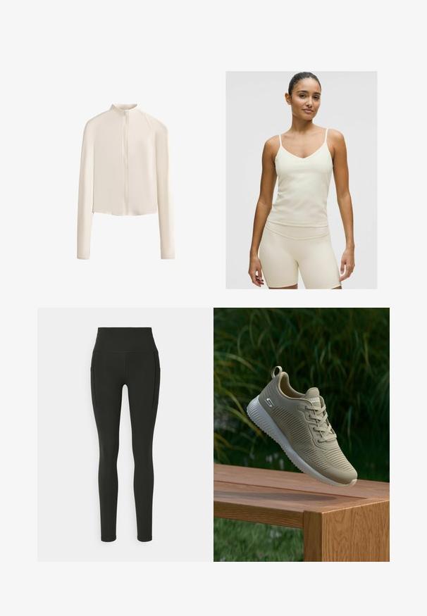 Svetle béžová dlouhá bunda s vysokým límcem, plným předním zipem, bezšvovými rameny a hladkou texturou tkaniny. Minimalistický design.; Svetle béžové sportovní tílko s tenkými ramínky, výstřihem do V a hladkým materiálem. Vyznačuje se kalhotami na míru ve stejné barvě.; Černé legíny vyrobené z elastického materiálu, s vysokým pasem a bočními kapsami, s hladkou texturou a přiléhavým designem.; Béžová atletická bota s texturovaným svrškem, tkaničkami a podpůrným patním páskem, ležící na dřevěném povrchu, před zeleným listím.