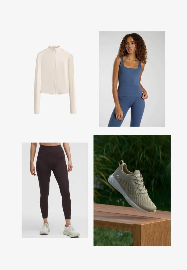 Ljusbeige långärmad jacka med hög krage, hel dragkedja framtill, sömlösa axlar och slät tygtextur. Minimalistisk design.; Blå åtsittande tanktop med fyrkantig halsringning, gjord av ett mjukt, stretchigt material. Kombinerad med matchande högmidjade leggings.; Person i högmidjade mörkbruna leggings och vita träningsskor, som står mot en enkel ljus bakgrund.; Beige träningsskor med texturerad ovandel, snören och stödjande hälflik, vilande ovanför en träyta, med grön vegetation i bakgrunden.