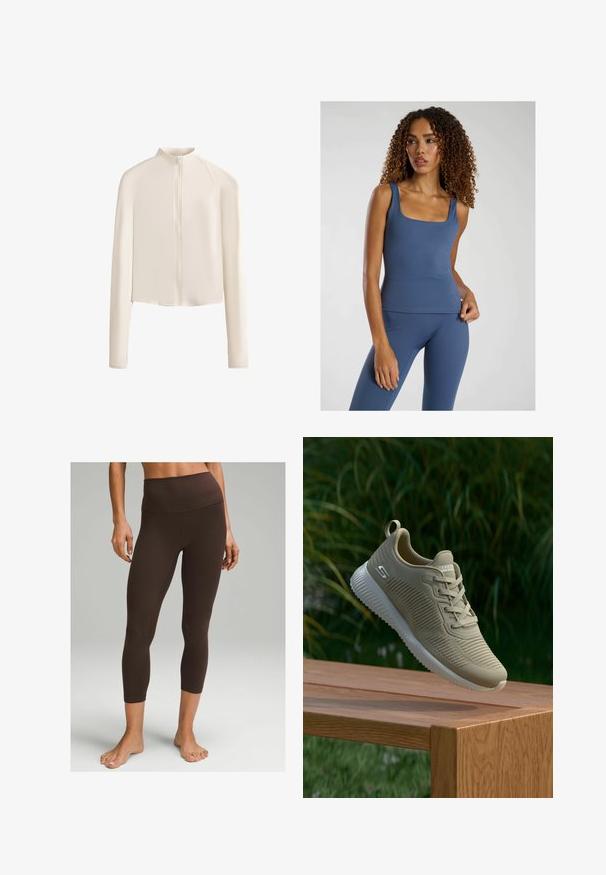Helle beige Langarmjacke mit hohem Kragen, vollständigem Reißverschluss vorne, nahtlosen Schultern und glattem Stoff. Minimalistisches Design.; Blaues, tailliertes Trägertop mit quadratischem Ausschnitt, aus einem glatten, elastischen Stoff gefertigt. Kombiniert mit passenden High-Waist-Leggings.; lululemon Align™ High-Rise Crop 58" - Tights - espresso; Beige Sport Schuh mit strukturiertem Obermaterial, Schnürsenkeln und unterstützendem Fersenriegel, der auf einer Holzoberfläche liegt und vor grünem Laub steht.