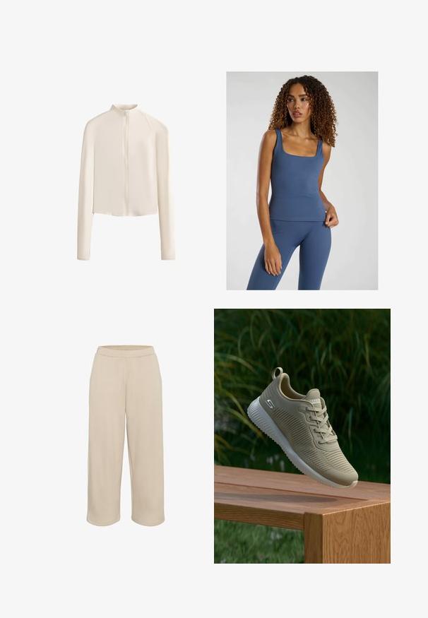 Helle beige Langarmjacke mit hohem Kragen, vollständigem Reißverschluss vorne, nahtlosen Schultern und glattem Stoff. Minimalistisches Design.; Blaues, tailliertes Trägertop mit quadratischem Ausschnitt, aus einem glatten, elastischen Stoff gefertigt. Kombiniert mit passenden High-Waist-Leggings.; Kaffe CROPPED - Jogginghose - feather gray; Beige Sport Schuh mit strukturiertem Obermaterial, Schnürsenkeln und unterstützendem Fersenriegel, der auf einer Holzoberfläche liegt und vor grünem Laub steht.