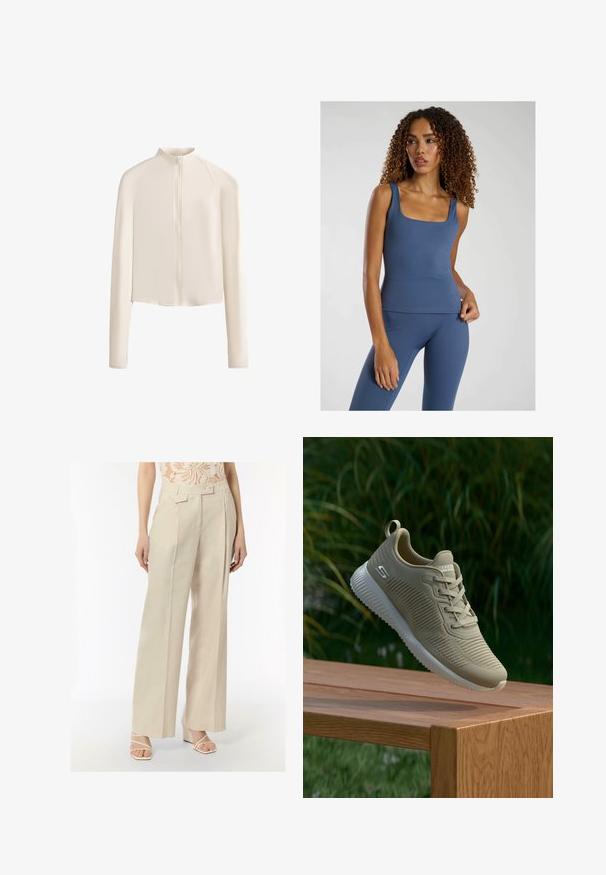 Jasno-beżowa kurtka z długim rękawem, wysokim kołnierzem, pełnym zapięciem na zamek z przodu, bezszwowym ramionami i gładką teksturą materiału. Minimalistyczny design.; Niebieski dopasowany top bez rękawów z kwadratowym dekoltem, wykonany z gładkiego, elastycznego materiału. W zestawie z dopasowanymi legginsami o wysokim stanie.; Beżowe spodnie w szerokim kroju z wysokim stanem, fałdami i bocznymi kieszeniami. Wykonane z lekkiego materiału; zestawione z białymi sandałami na obcasie.; Beżowy but sportowy z teksturowanym cholewką, sznurowadłami i wspierającym zapiętkiem, spoczywający na drewnianej powierzchni, w otoczeniu zielonego liścia.