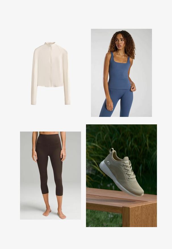 Light beige long-sleeve jacket with a high collar, full front zipper, seamless shoulders, and smooth fabric texture. Minimalist design.; Blue fitted tank top with a square neckline, made from a smooth, stretch fabric. Paired with matching high-waisted leggings.; lululemon ALIGN™ HIGH-RISE 53 CM - Leggings - espresso; Beige athletic shoe with textured upper, laces, and supportive heel tab, resting above a wooden surface, set against green foliage.