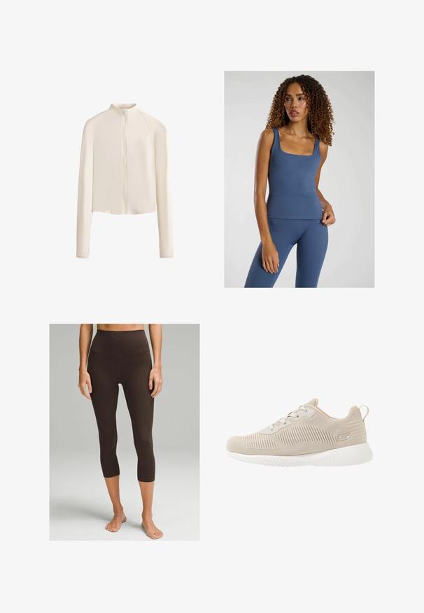 Lys beige langærmet jakke med høj krave, fuld frontlynlås, sømløse skuldre og glat stoftekstur. Minimalistisk design.; Blå tætsiddende tanktop med firkantet udskæring, lavet af et glat, strækbart stof. Kombinationen med matchende højhalsede leggings.; lululemon ALIGN™ HIGH-RISE 53 CM - Tights - espresso; Beige atletisk sko med tekstureret overdel, snørebåndsdesign, letvægts sål og en buet, polstret krave for komfort. Har et logo på siden.