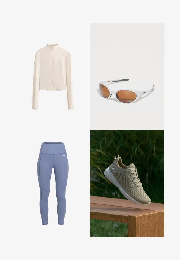 Vaaleanbeige pitkähihaisessa takissa on korkea kaulus, vetoketju edessä, saumatonta olkapäät ja sileä kankaan pinta. Minimalistinen muotoilu.; Valkoinen lyhythihainen t-paita, jossa on pyöreä pääntie, rento istuvuus ja hieman kaareva helma. Valmistettu sileästä ja pehmeästä kankaasta, jossa on minimaalinen sauma.; Venyt, høytlivde leggings i et mykt, blått stoff med en sidelomme og subtile sømdetaljer. Har en liten logo på livet.; Beige urheilukengät, joissa on teksturoitu päällinen, nauhat ja tukeva kantapää, sijaitsevat puupinnan päällä vihreiden lehtien taustalla.; Valkoiset aurinkolasit ruskeilla linsseillä, soikea muoto, valmistettu sileästä muovista, jossa on harmaita yksityiskohtia varsissa ja logo kehysosassa.