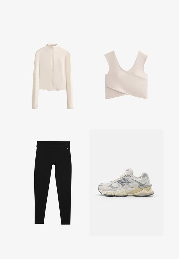 Lys beige langærmet jakke med høj krave, fuld frontlynlås, sømløse skuldre og glat stoftekstur. Minimalistisk design.; Blød, beige bralette med V-udskæring, brede stropper og en indpakningsdesign. Fremstillet af strækbart materiale med glatte, minimale sømme.; Sorte leggings med høj talje. Fremstillet af et glat, strækbart materiale med flade sømme og en lille logoaccent tæt ved taljen.; Hvide og grå New Balance sneakers med mesh- og ruskindsmaterialer, en kraftig sål og teksturerede detaljer på siderne og hælen.