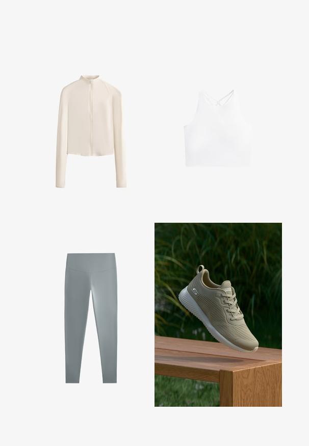 Világos bézs színű, hosszú ujjas dzseki magas gallérral, teljes elülső cipzárral, varrat nélküli vállrésszel és sima szövettextúrával. Minimalista dizájn.; Fehér sportos crop top, magas nyakkivágással és dupla keresztpánttal a háton, sima, rugalmas anyagból készült.; Szürke leggings sima, rugalmas anyagból, magas derékkal és illeszkedő szabással, a kényelem és a mozgás könnyedsége érdekében tervezve.; Beige sportcipő texturált felsőrésszel, fűzőkkel és támogató sarkú tabbal, egy fa felületen nyugszik, zöld növényzet előtt.