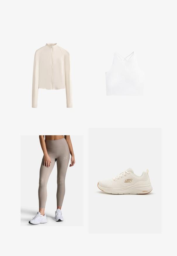 Lys beige langærmet jakke med høj krave, fuld frontlynlås, sømløse skuldre og glat stoftekstur. Minimalistisk design.; Hvid atletisk crop top med høj halsudskæring og dobbelt krydset stropper på ryggen, der har en glat, strækbar stoftekstur.; Beige højtsiddende leggings med en ribbet talje, glat tekstur og subtil sømdetalje. Parret med hvide atletiske sko.; Hvide sportsko med en mesh-overdel, struktureret detaljer, snørelukning og en polstret sål. Har "VaporFoam"-mærke på siden.
