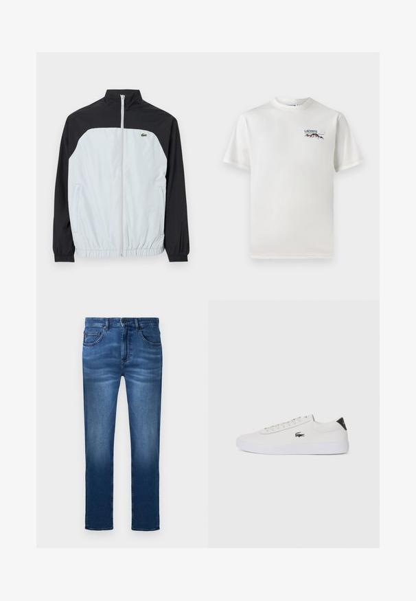 Chaqueta cortavientos blanca y negra con un cuello alto, cremallera frontal, puños elásticos y un pequeño logo verde en el pecho.; Camiseta de algodón blanca con cuello redondo, mangas cortas y un pequeño logotipo bordado que presenta montañas y texto en el lado izquierdo del pecho.; Vaqueros de mezclilla azul oscuro con cinco bolsillos, cremallera y un diseño de pierna recta con un ligero desgaste en los muslos.; Zapatilla de cuero blanca con punta redonda, parte frontal con cordones y acento negro en el talón. Presenta un pequeño logo de cocodrilo bordado en el lateral.