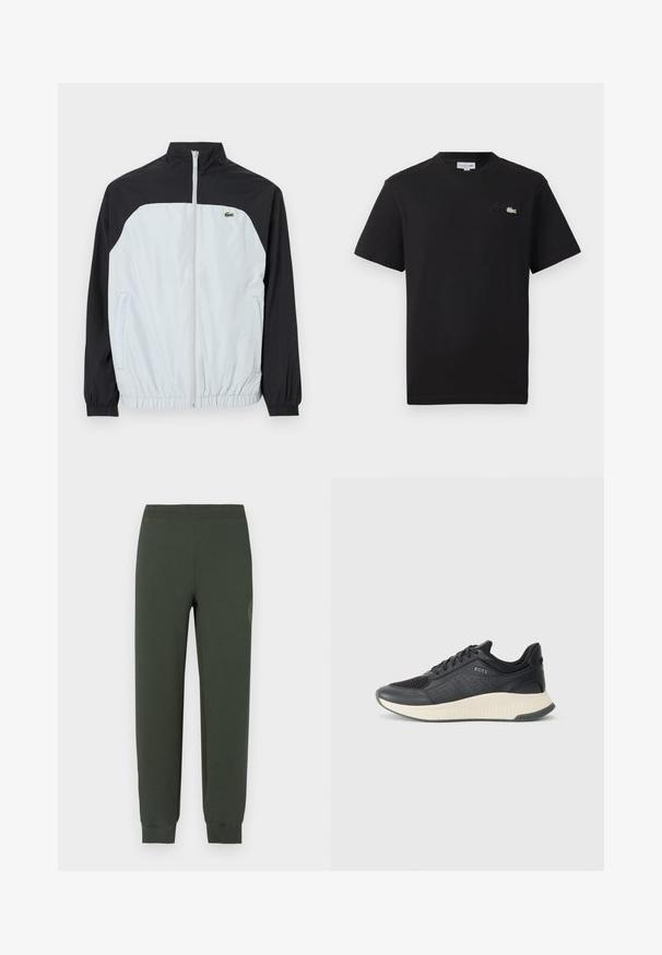Bílo-černá větrovka s vysokým límcem, zipem vpředu, elastickými manžetami a malým zeleným logem na hrudi.; Černé bavlněné tričko s kulatým výstřihem. Na hrudi se nachází malé vyšívané logo Lacoste v zelené a bílé barvě. Krátké rukávy, normální střih.; Zelené tepláky s elastickým pasem a manžetami, s hladkou texturou a tónovaným logem na levém stehně.; Černá sportovní teniska s mřížkovou svrchní částí s perforacemi, texturovanou mezipodešví v krémové barvě a gumovou podešví pro lepší trakci.