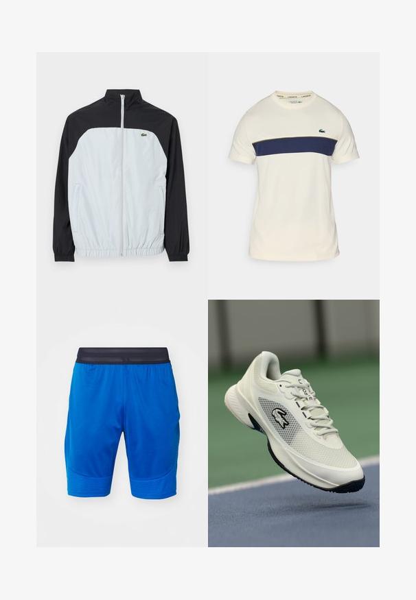 Balta ir juoda vėjui atspari striukė su aukštu apykakle, užtrauktuku priekyje, elastingomis rankovėmis ir mažu žaliu logotipu ant krūtinės.; Kremo ir tamsiai mėlynas Lacoste marškinėliai su apvaliu iškirpimu, trumpomis rankovėmis ir horizontaliu spalvų blokavimu. Puošia žalias krokodilo logotipas.; Mėlyni sportiniai šortai su tinklelio juosmeniu, pagaminti iš lengvos medžiagos, su tekstūruotais akcentais apatinėje dalyje ir šonuose.; Balti sportiniai batai su tinkliniais viršutiniais, juodais akcentais, tekstūruotu padu ir išryškintu logotipu šone, eksponuojami prieš teismo foną.
