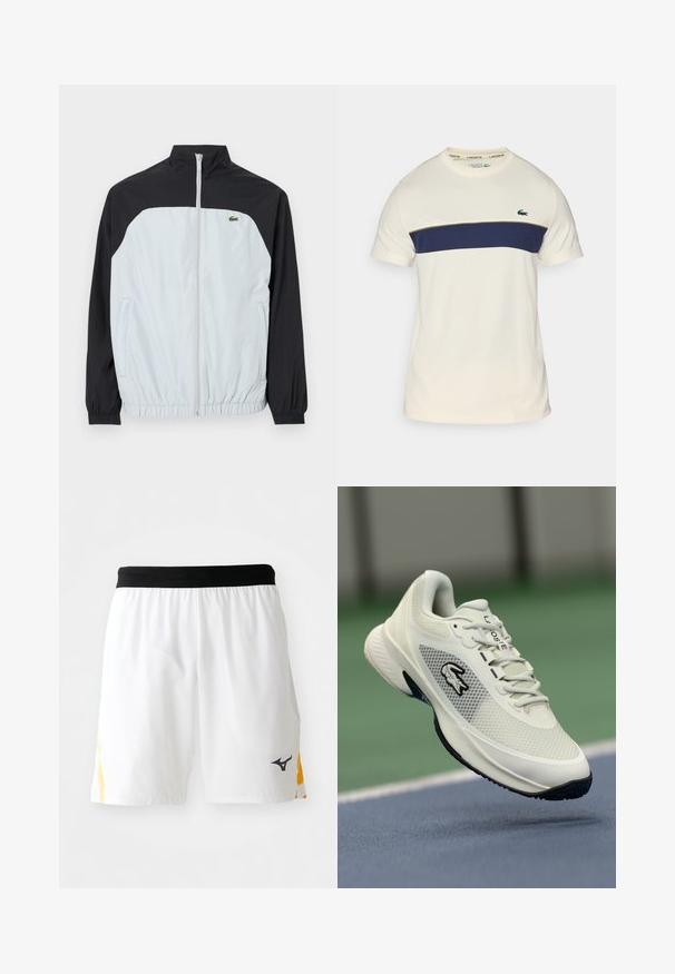 Veste coupe-vent blanche et noire avec un col haut, fermeture éclair sur le devant, poignets élastiques et un petit logo vert sur la poitrine.; T-shirt Lacoste crème et marine avec un col rond, des manches courtes et un bloc de couleurs horizontal. Présente un logo crocodile vert.; Shorts de sport blancs avec une taille élastique noire et des accents latéraux jaunes, comportant un petit logo noir de marque de sport sur la jambe droite.; Baskets de sport blanches avec une tige en maille, accents noirs, semelle texturée et logo proéminent sur le côté, présentées sur un fond de terrain de sport.