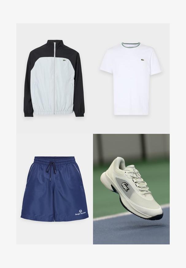 Valge ja must tuulejakke, millel on kõrge kaelus, tõmblukk ees, elastsed mansetid ning väike roheline logo rinnal.; Valge puuvillane lühikeste varrukatega T-särk, millel on ribitud krae ja rohelised ning mustad triibud; vasakul rinnal väike roheline tikandiga logo.; Tumesinised sportlikud lühikesed püksid elastse vöökoha, nööriga, küljetaskutega ja valge äärestuse detailiga. Alumises vasakus nurgas on logo.; Valge sportlik toss, millel onvõrgusüvene, mustad detailid, tekstureeritud sise-, ja silmapaistev logo küljel, esitatud mänguväljakute taustal.