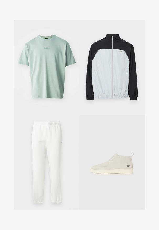 White and black windbreaker jacket with a high collar, zip front, elastic cuffs, and a small green logo on the chest.; Light green T-shirt made of soft cotton, featuring short sleeves and a round neckline. Embroidered "BOSS" logo on the front.; White cotton sweatpants with an elastic waistband and tapered legs. Features a small logo detail on the side. Soft texture, minimal design.; Light gray suede ankle boots with a round toe, white rubber sole, and subtle logo detail on the side. Features lace-up closure.