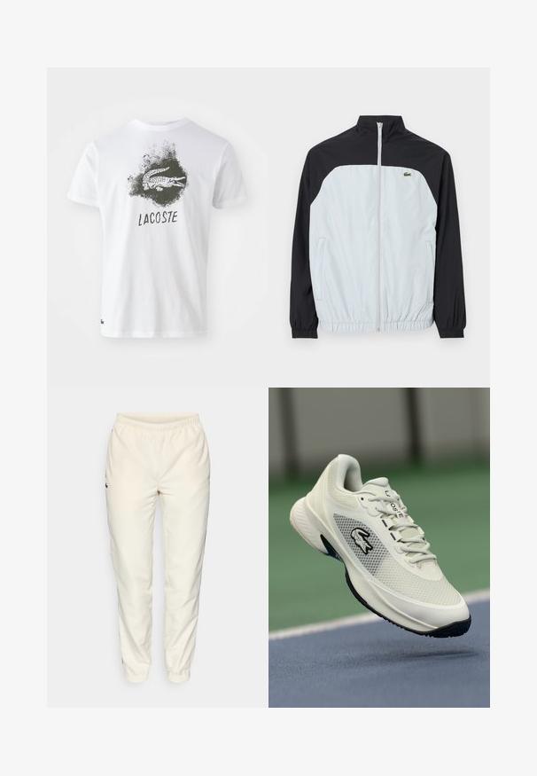Balts un melns vējjaka ar augstu apkakli, ar rāvējslēdzēju priekšā, elastīgām aprocēm un mazu zaļu logo uz krūtīm.; Balta kokvilnas T-kreklu ar melnu krokodila grafiku un "LACOSTE" tekstu, ar zaļu akcenta logotipu apakšmalā. Īsas piedurknes, apaļa apkakle.; Krēma krāsas sporta bikses ar elastīgu jostu, sašaurinātiem diegiem un mazu tumši zaļu logotipu kreisajā pusē. Gluda, viegla auduma.; Balti sporta apavi ar sieta materiāla augšpusi, melniem akcentiem, teksturētu zoli un izteiktu logo sānos, attēloti pret sporta laukuma fonu.