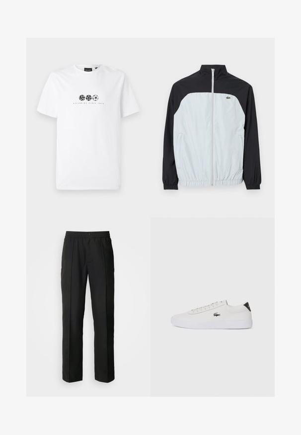 Jachetă de vânt albă și neagră cu guler înalt, front cu fermoar, manșete elastice și un mic logo verde pe piept.; Tricou alb din bumbac cu un grafic imprimat ce include trei mingi diferite de sport și textul "Apărând din 1874" sub ele.; Pantaloni negri cu un design drept, confecționați dintr-un material neted. Prezintă un tiv elastic și un sistem de închidere cu nasture.; Tenis din piele albă cu vârf rotund, sistem de prindere cu șireturi în față și accent negru la călcâi. Are un mic logo brodat cu crocodil pe lateral.